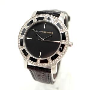 BCBG MAXAZRIA 38mm Black Watch Gem Glitz Bezel Black Leather with New Battery